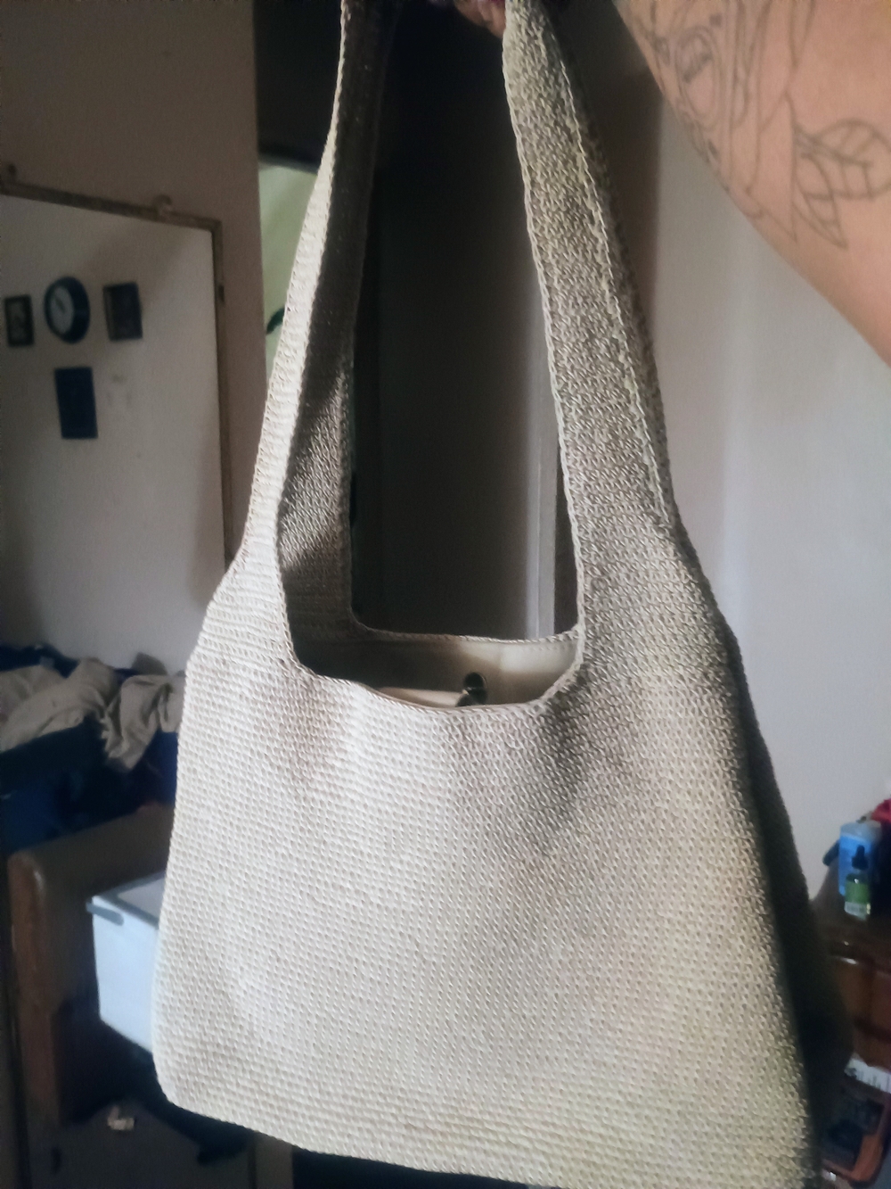 Neutral Woven Shoulder Beach Knit Bag - Beige